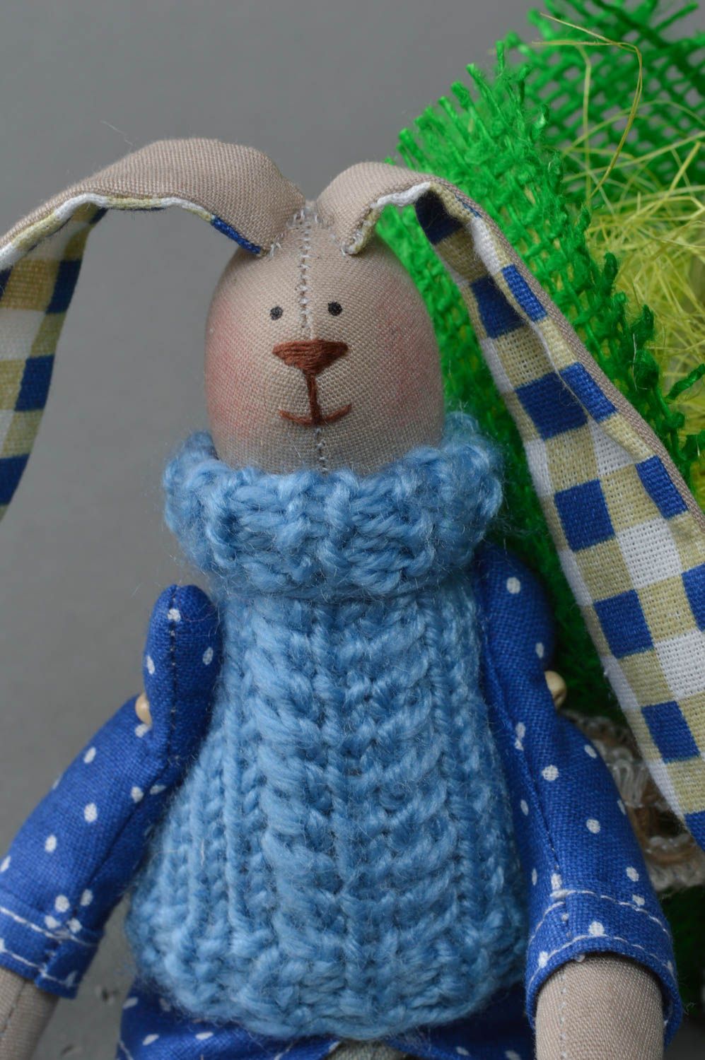 Handmade decorative toy made of cotton and denim fabrics doll hare for children photo 2
