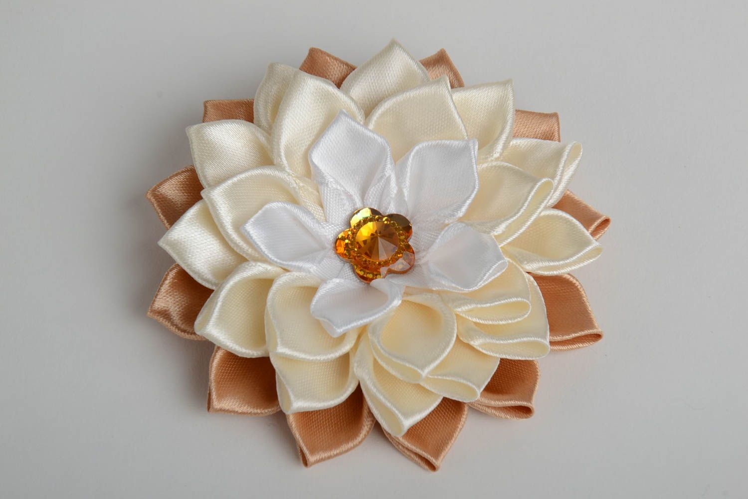 Cream colored handmade designer satin ribbon flower craft blank DIY hair clip photo 4