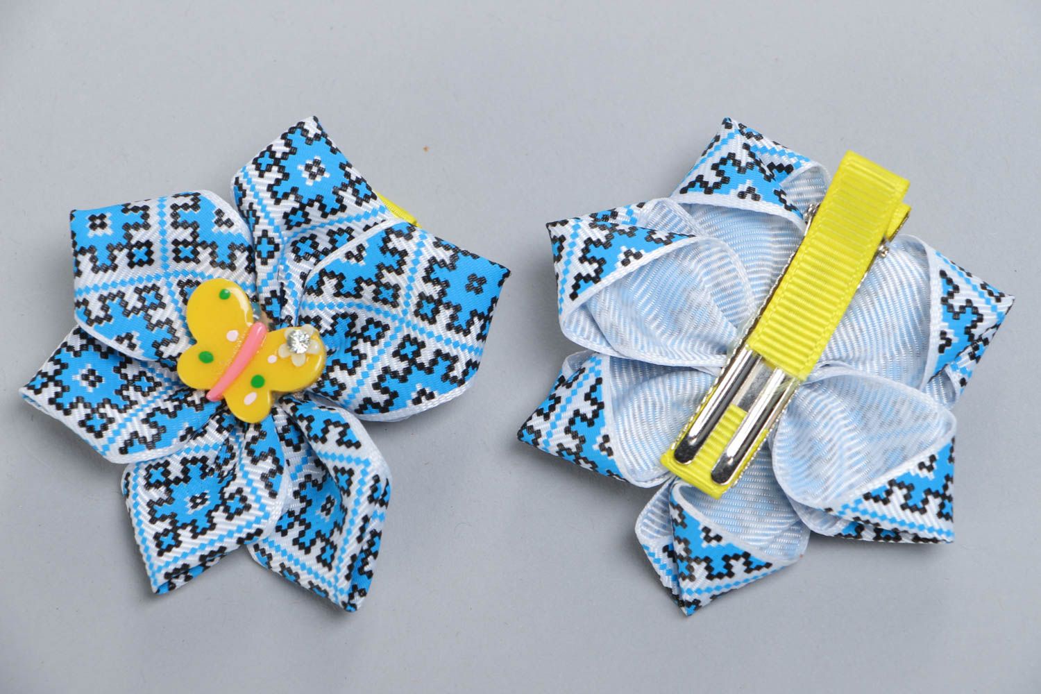 Bright blue handmade children's textile hair bows set 2 pieces photo 4