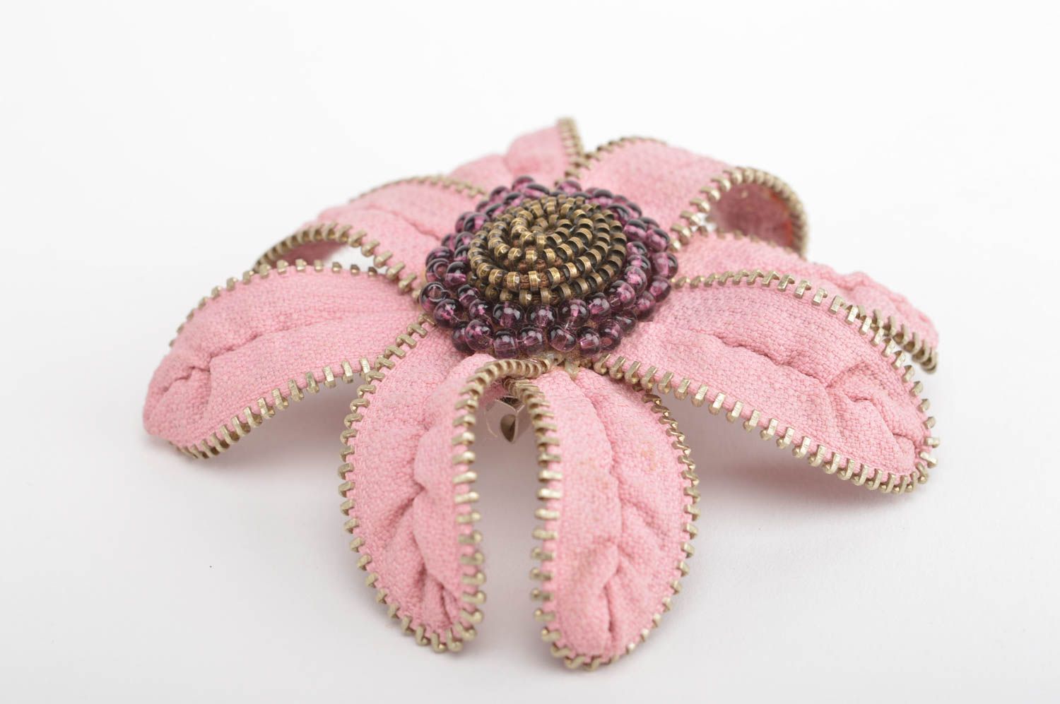 Handmade pink textile brooch cute beaded hair clip festive jewelry transformer photo 4