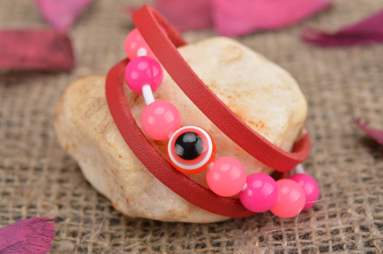 Red and pink handmade designer children's leather bracelet with beads photo 1