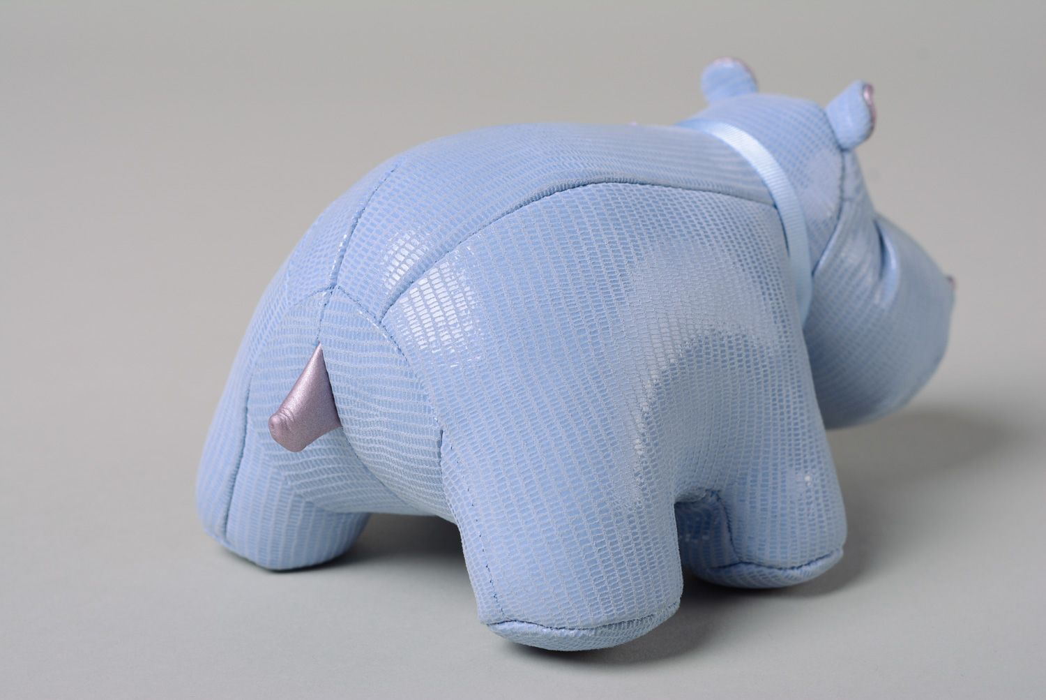 Handmade interior leather soft toy in the shape of hippo with pocket of blue color photo 4