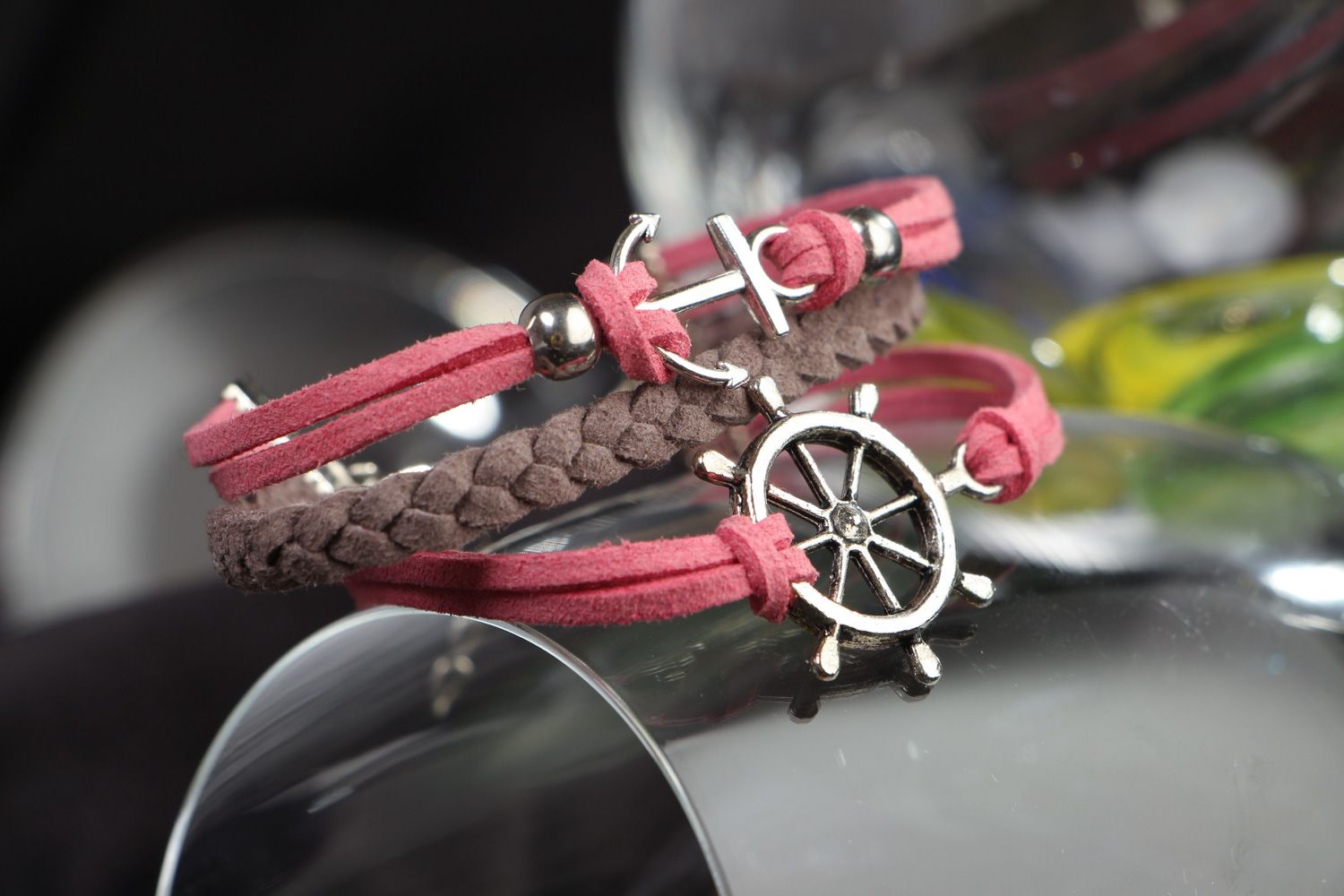 Handmade pink and gray friendship bracelet woven of faux suede with steering wheel photo 4