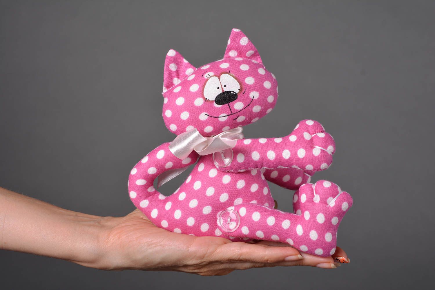 Peluche Chat en tissu Jouet fait main rose à pois original Cadeau pour enfant photo 4