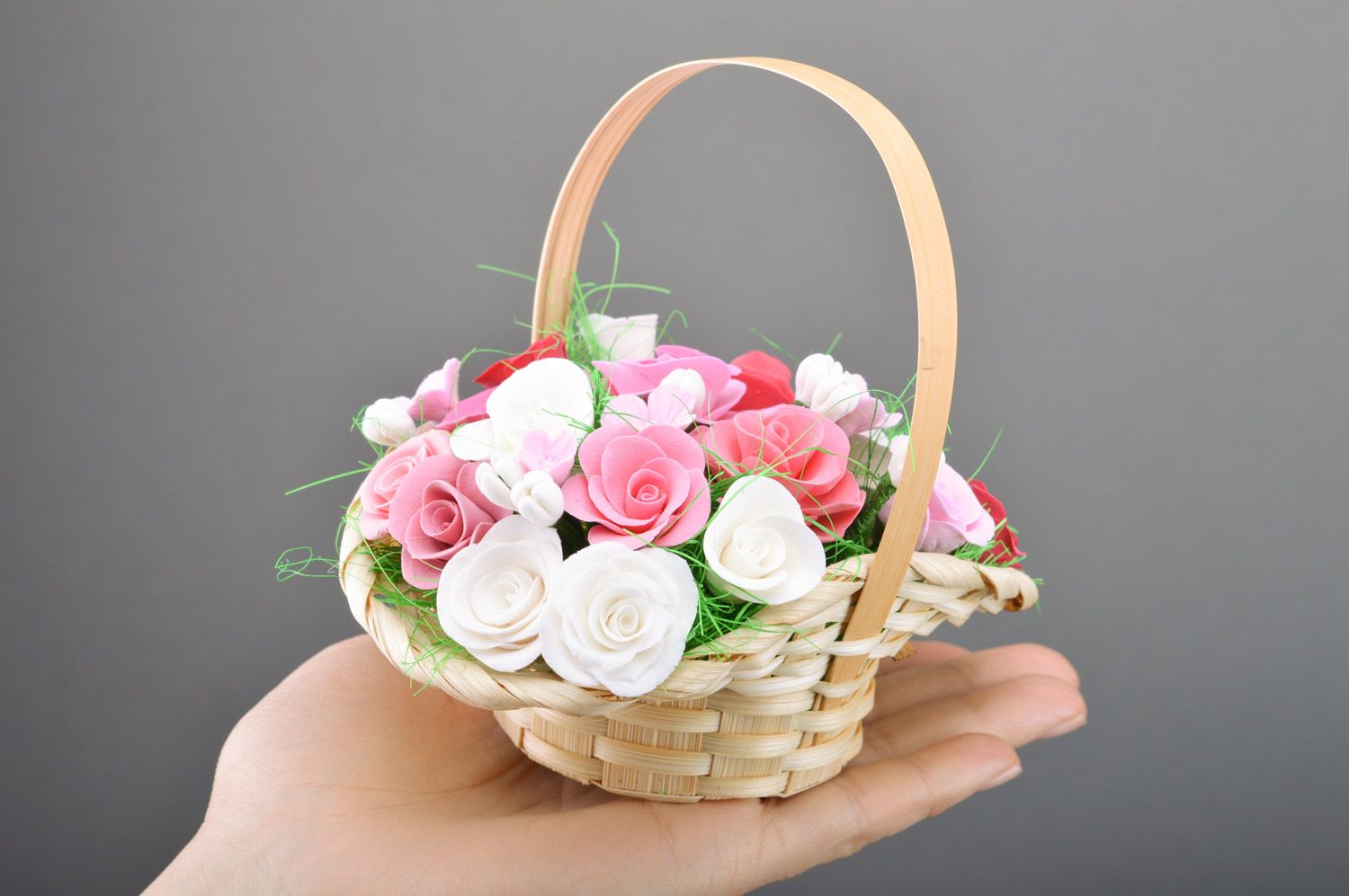Woven basket with handmade polymer clay flowers for home decor photo 1
