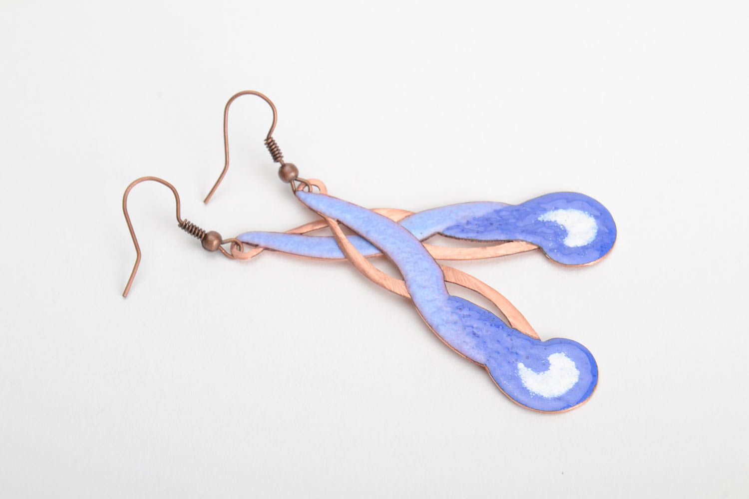 Lange blaue schöne Ohrringe aus Kupfer emailliert Handarbeit foto 4