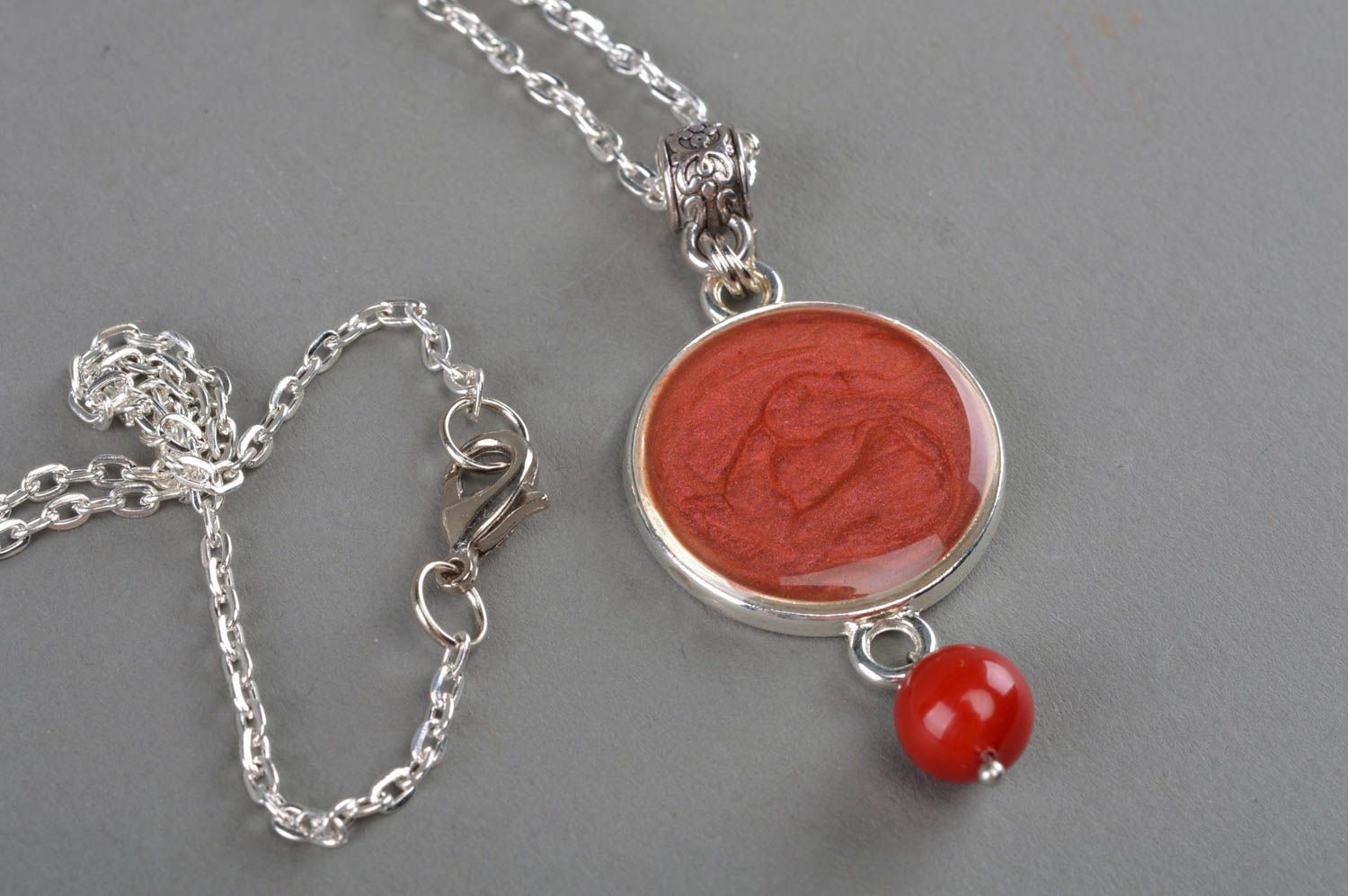 Handmade designer round dark red decoupage pendant necklace on metal chain photo 2