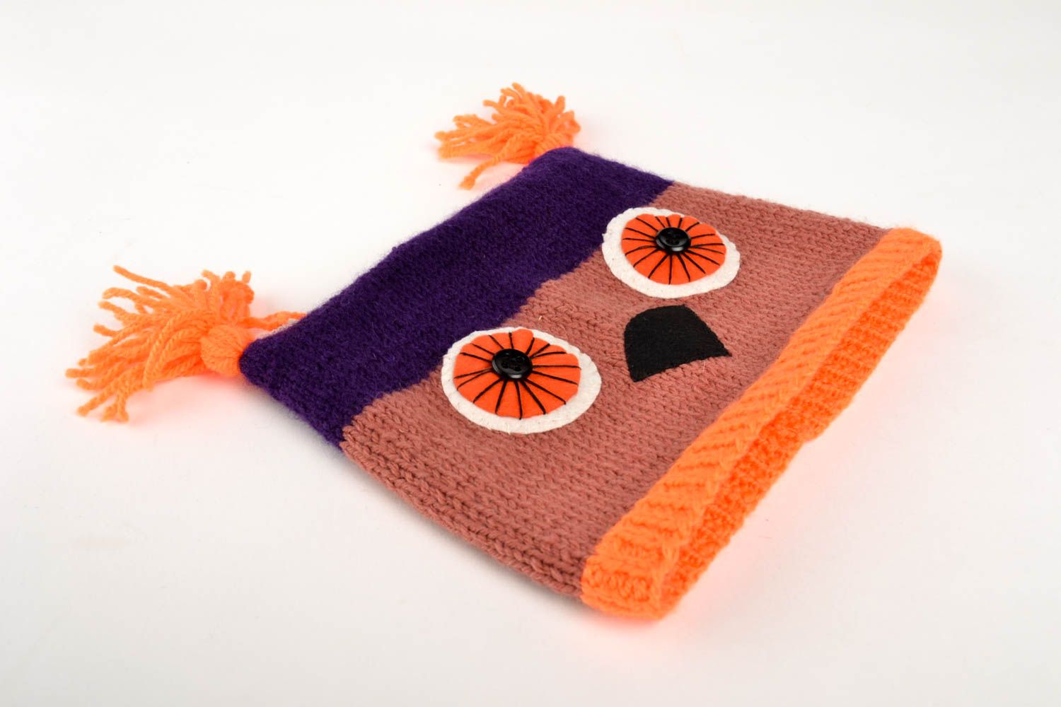 Bonnet tricot Chapeau fait main en laine violet marron orange Vêtement enfant photo 4