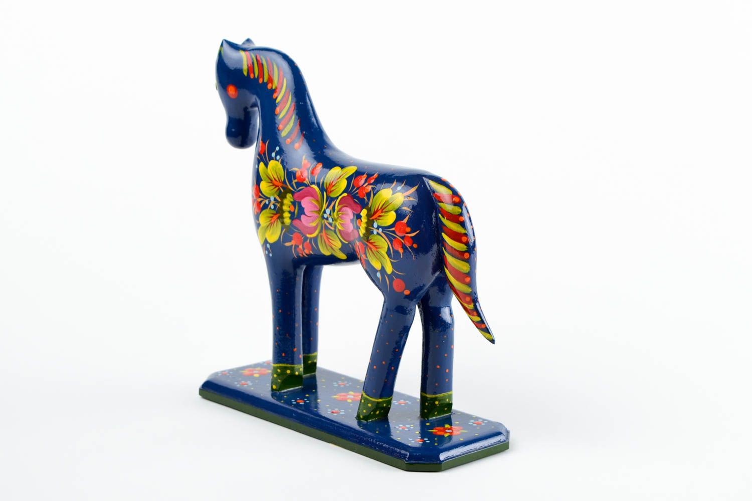 Statuette cheval en bois faite main peinte bleue à motifs Décoration maison photo 5