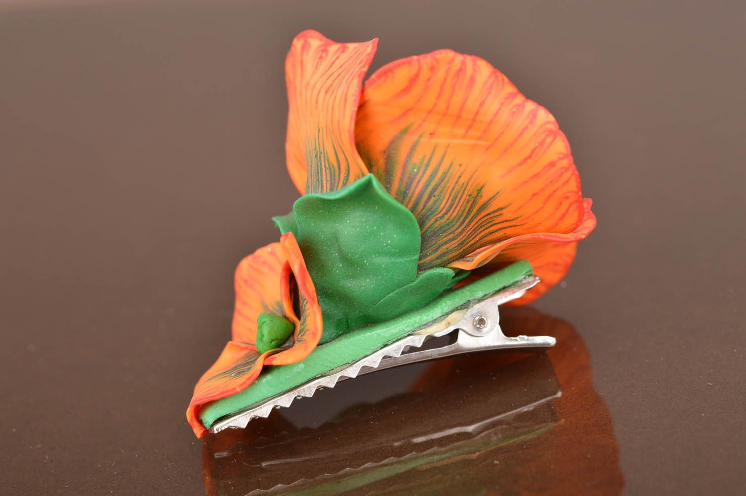Medium cute handmade hair clip with flowers made of polymer clay Poppy photo 2