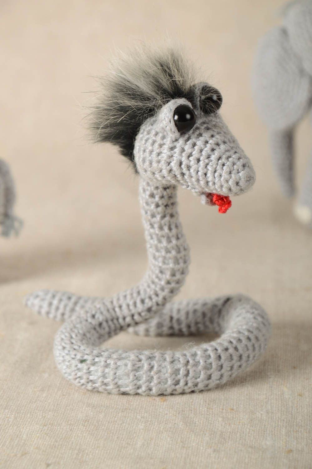 Lovely grey soft toy textile toy snake handmade crocheted toy children toy photo 1