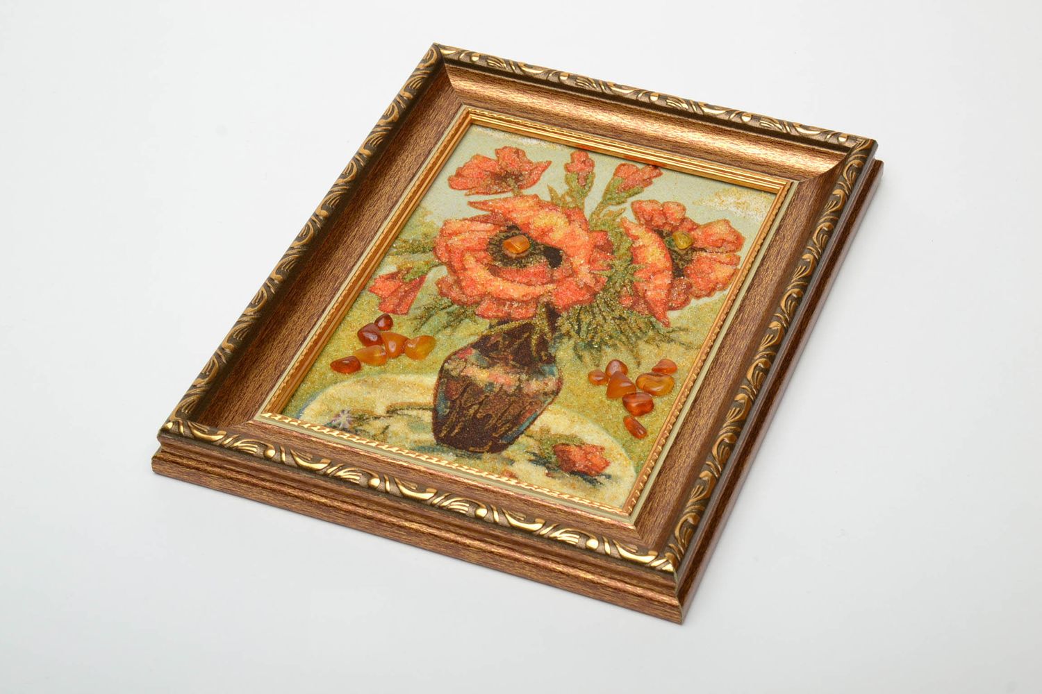 Amber decorated painting in wooden frame Poppies photo 2