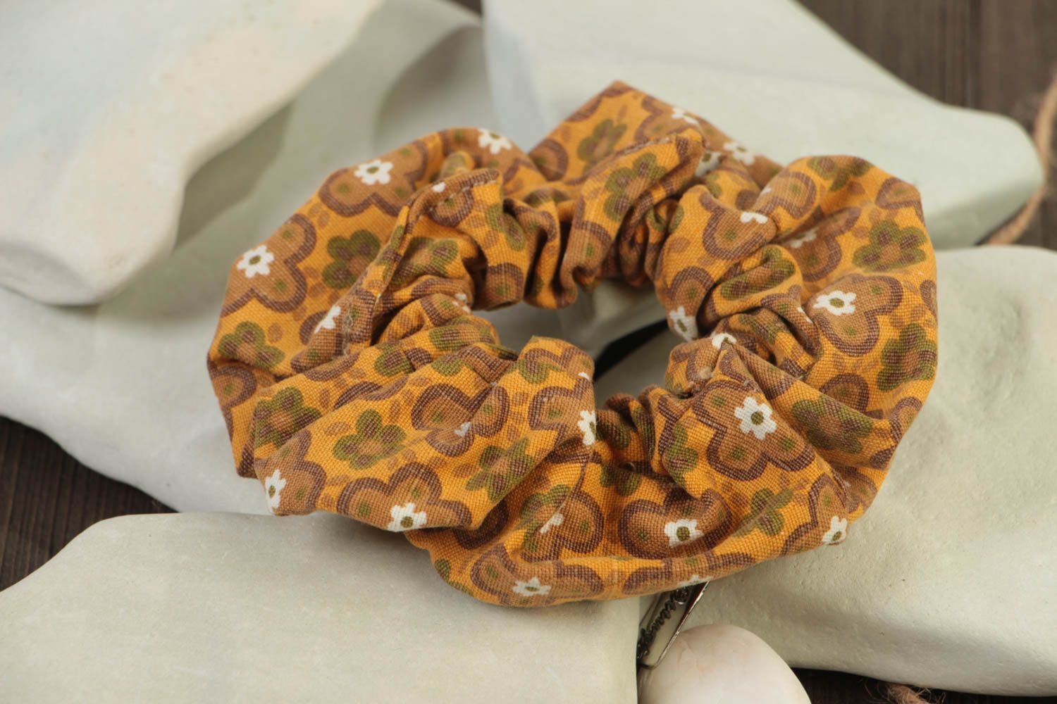 Decorative handmade volume hair tie sewn of yellow and brown cotton fabric photo 1