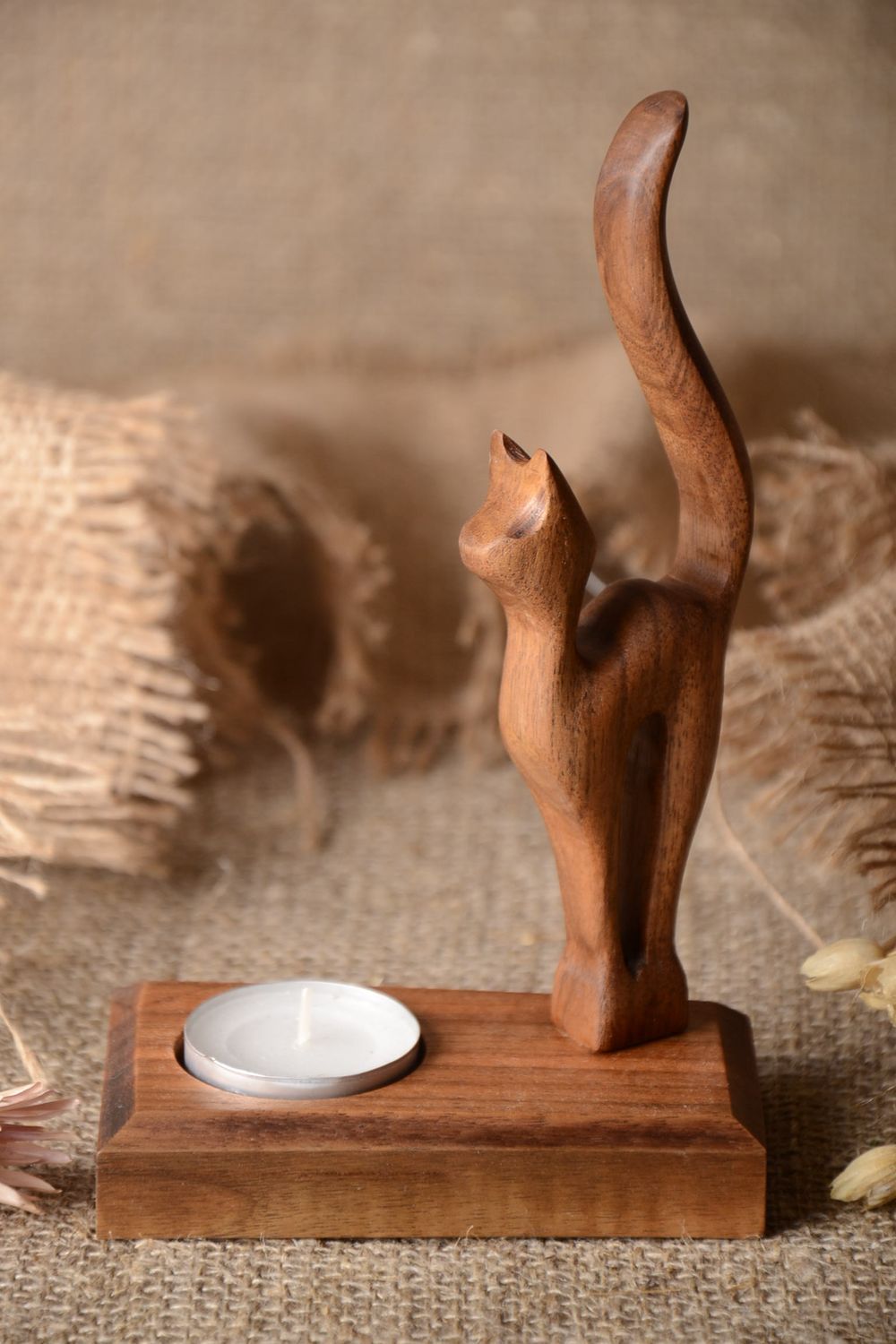 Handmade candlestick wooden candle holder wood decoration cat figurine photo 1
