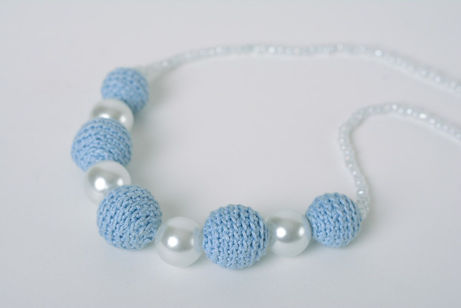 Handmade teething bead necklace crocheted of blue cotton threads for babies photo 4
