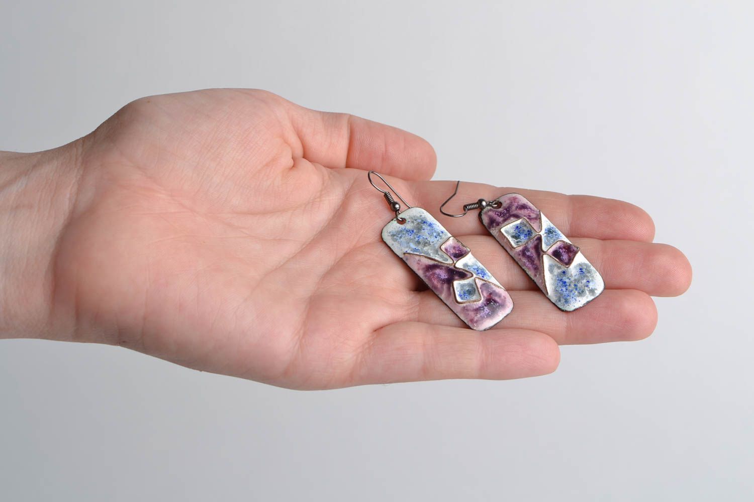 Handmade tender blue and violet enameled copper rectangular earrings Diagonal photo 2