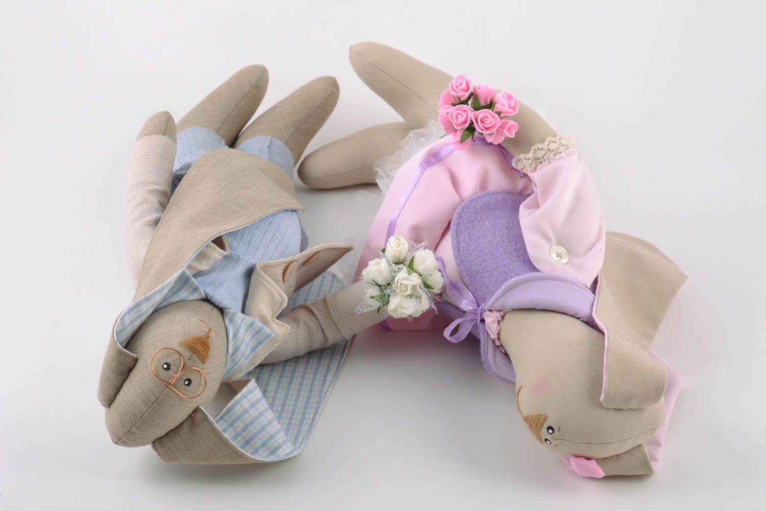 Set of 2 handmade linen fabric soft toys couple of stylish rabbits with long ears photo 5