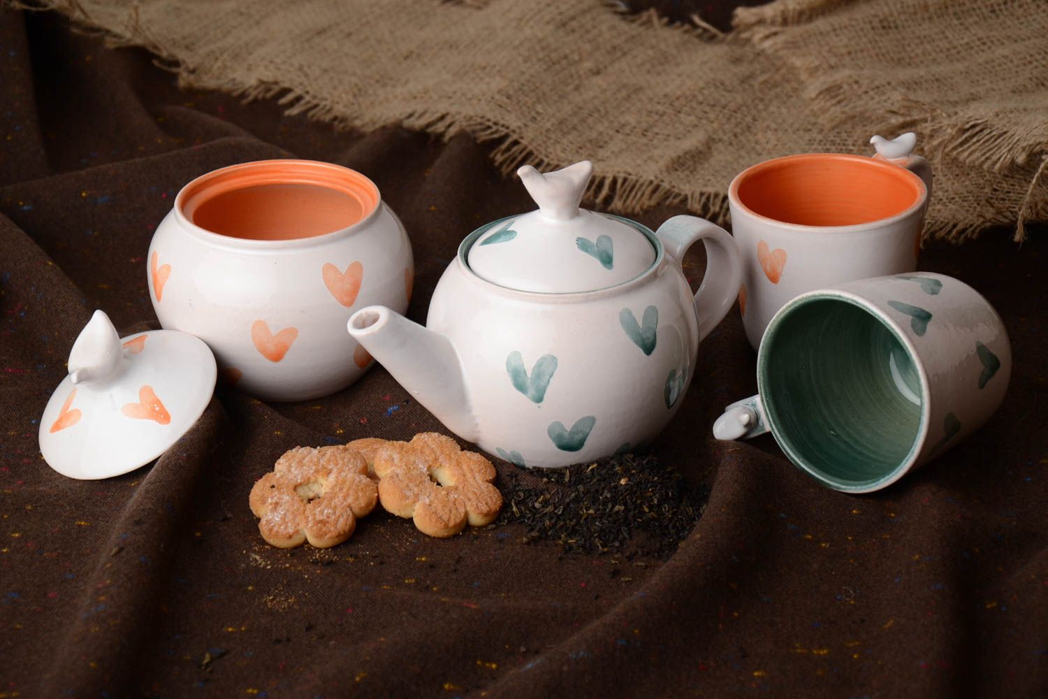 Keramische Küchenuntensilien aus Ton Teekanne Zuckerdose und 2 Tassen handmade foto 1