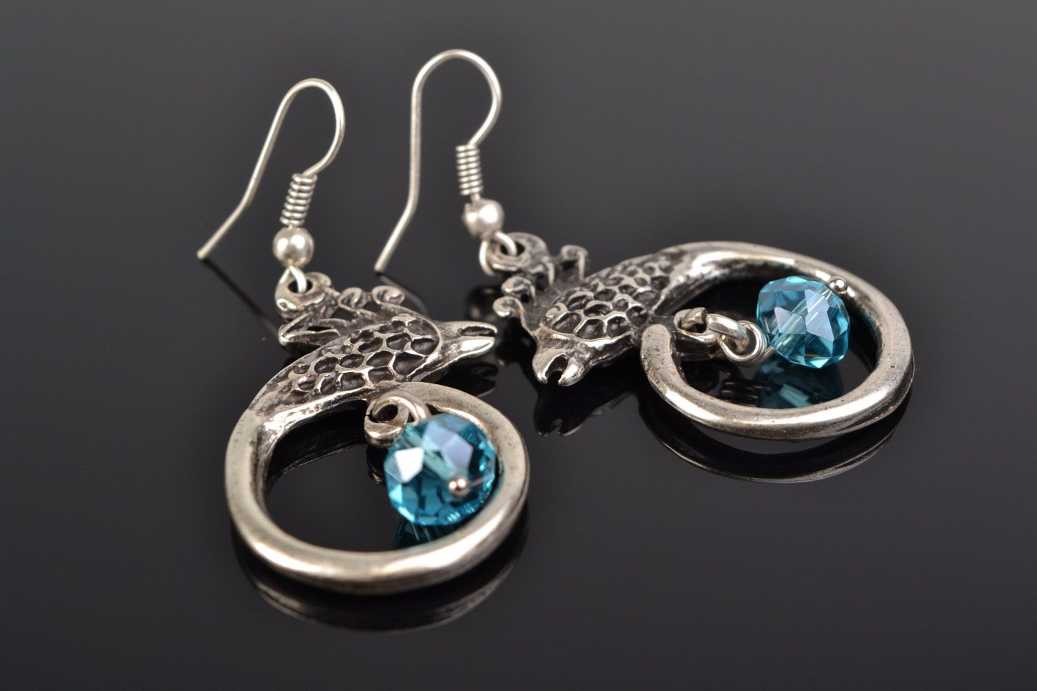 Handmade beautiful round metal dangling earrings with blue faceted crystal beads photo 1