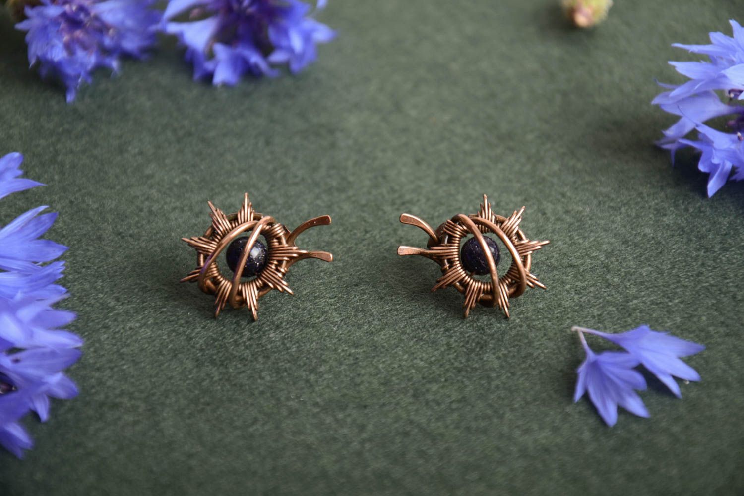 Handmade small wire wrap copper stud earrings with dark aventurine beads photo 1