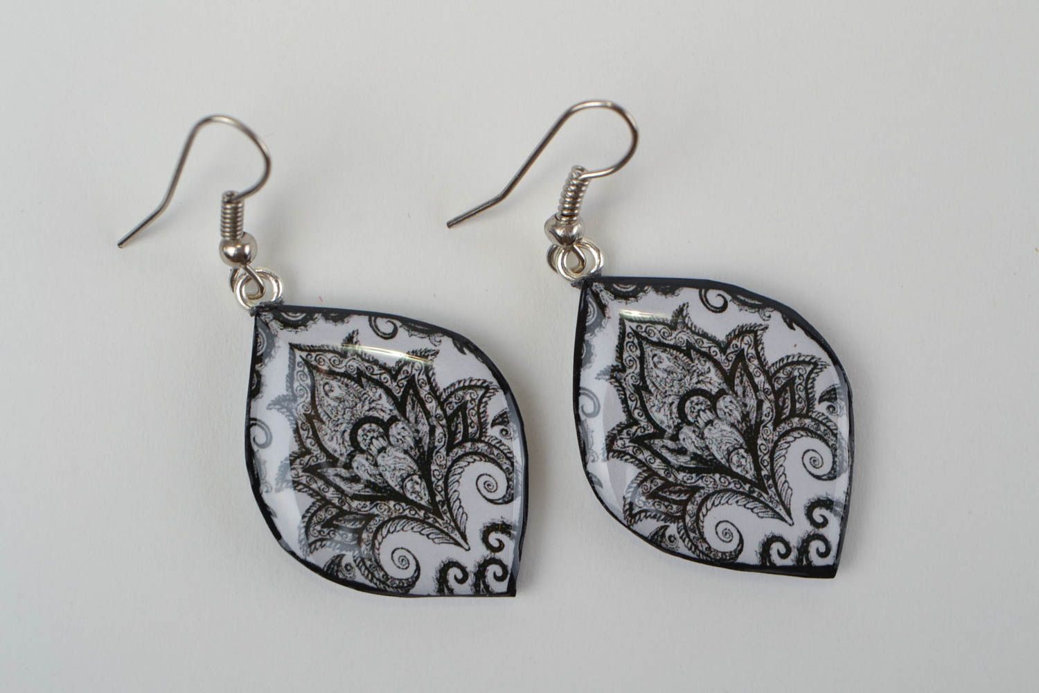 Black and white handmade designer polymer clay earrings with decoupage photo 5