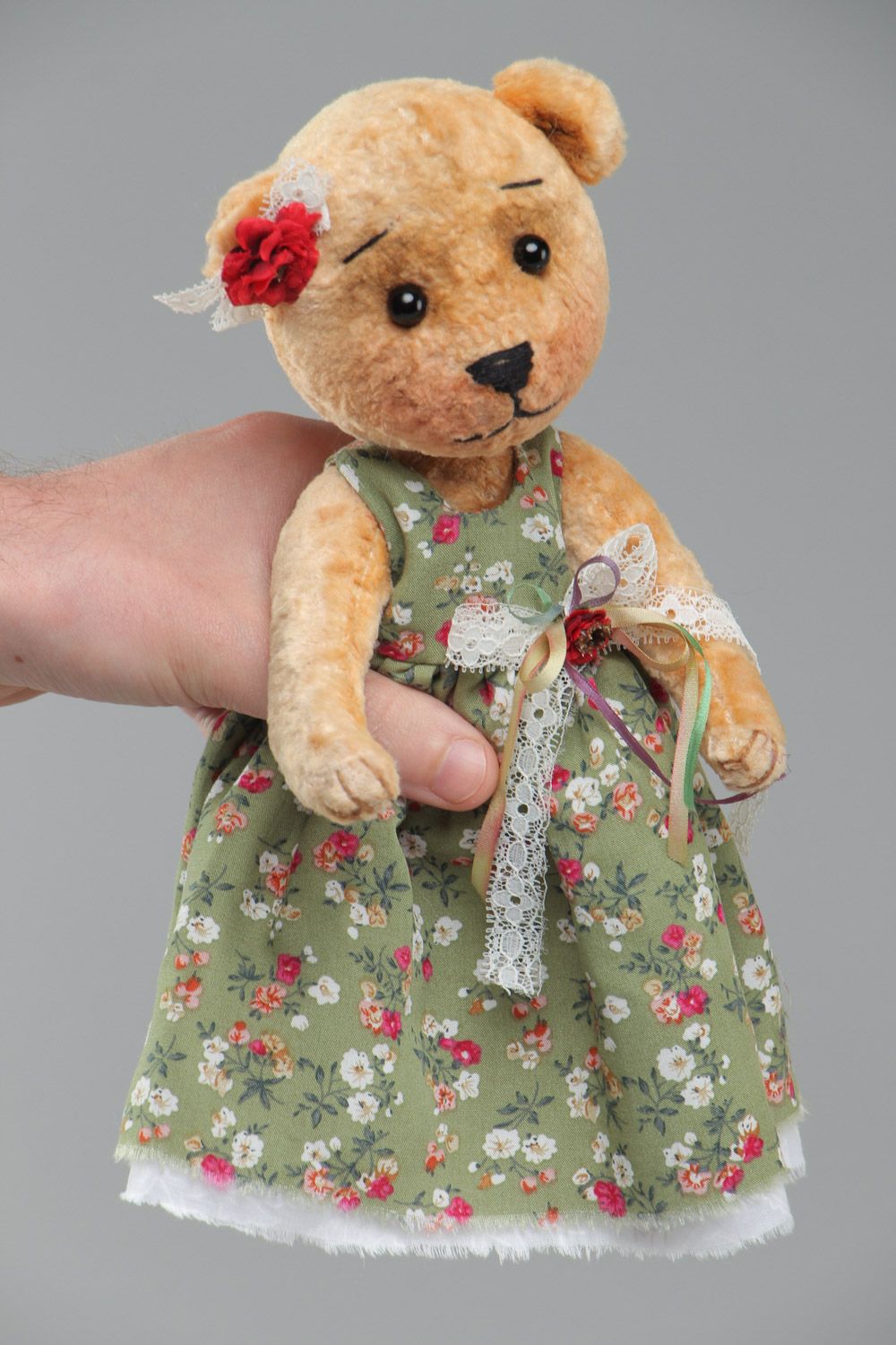 Handmade soft plush toy bear girl in long dress with floral pattern for children photo 5