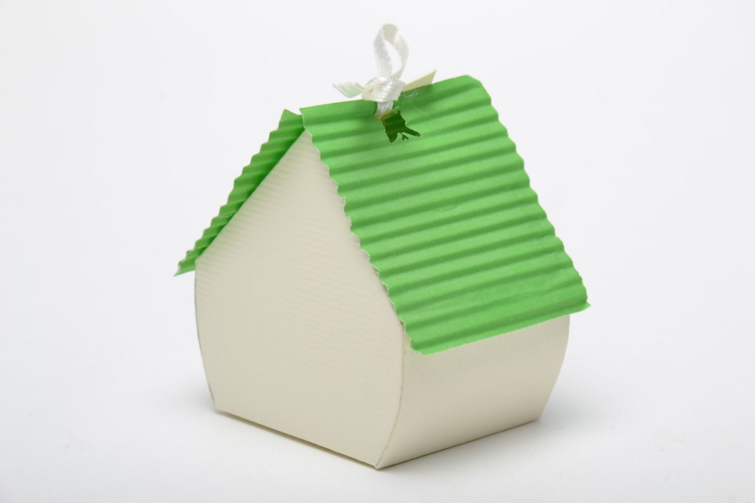 Handmade wedding paper favor box in the shape of house in green and white colors photo 4