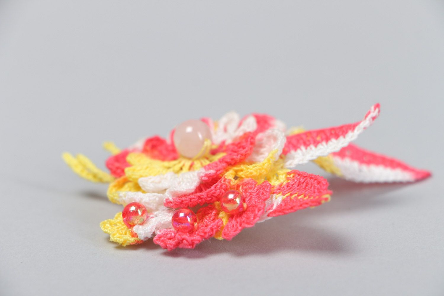 Bright handmade crochet flower brooch with beads photo 3