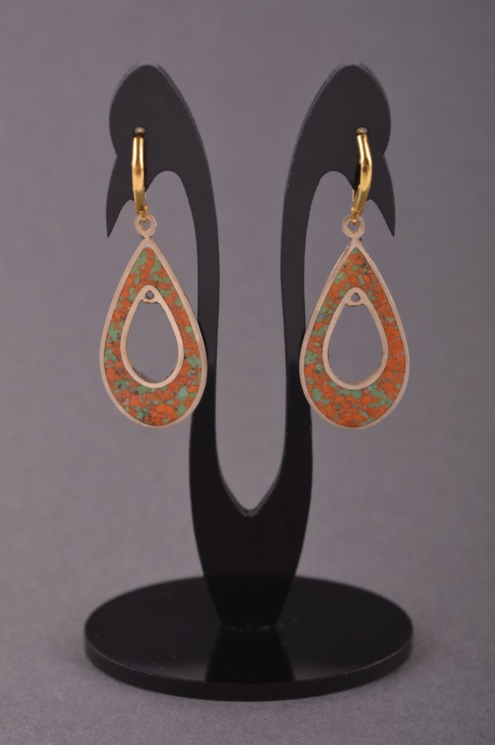 Unusual handmade brass earrings teardrop metal earrings gemstone earrings photo 1