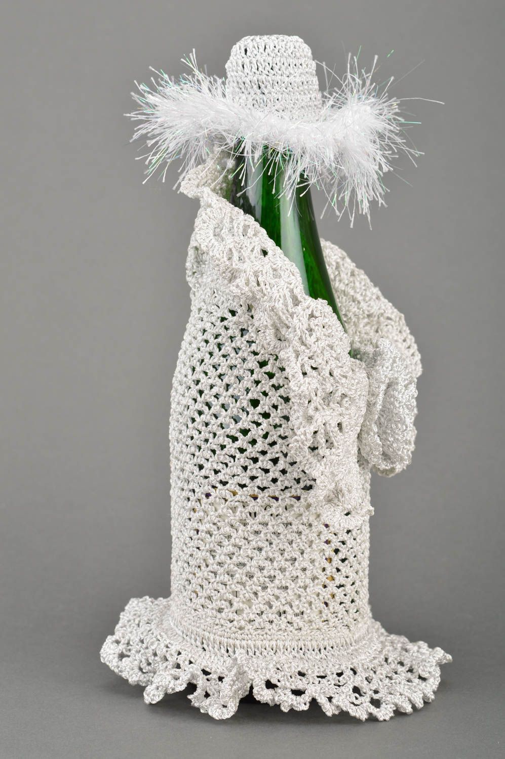Handmade white crocheted dress for bottle made of acryl decor for alcohol  photo 5