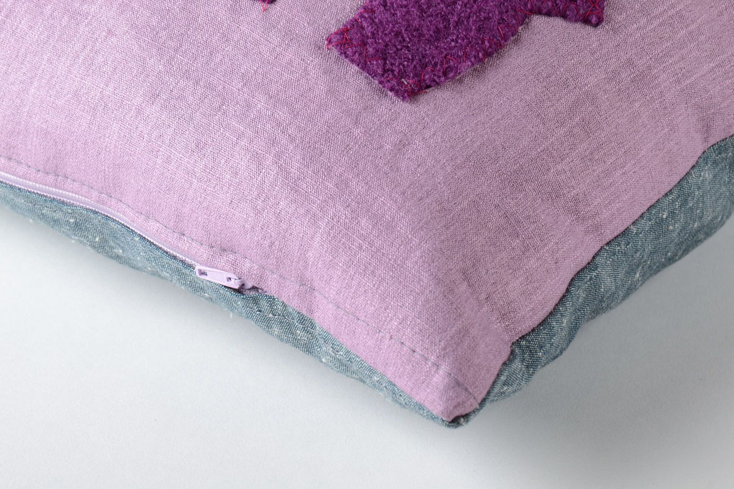Handmade designer textile cushion with applique of lilac and purple colors photo 3