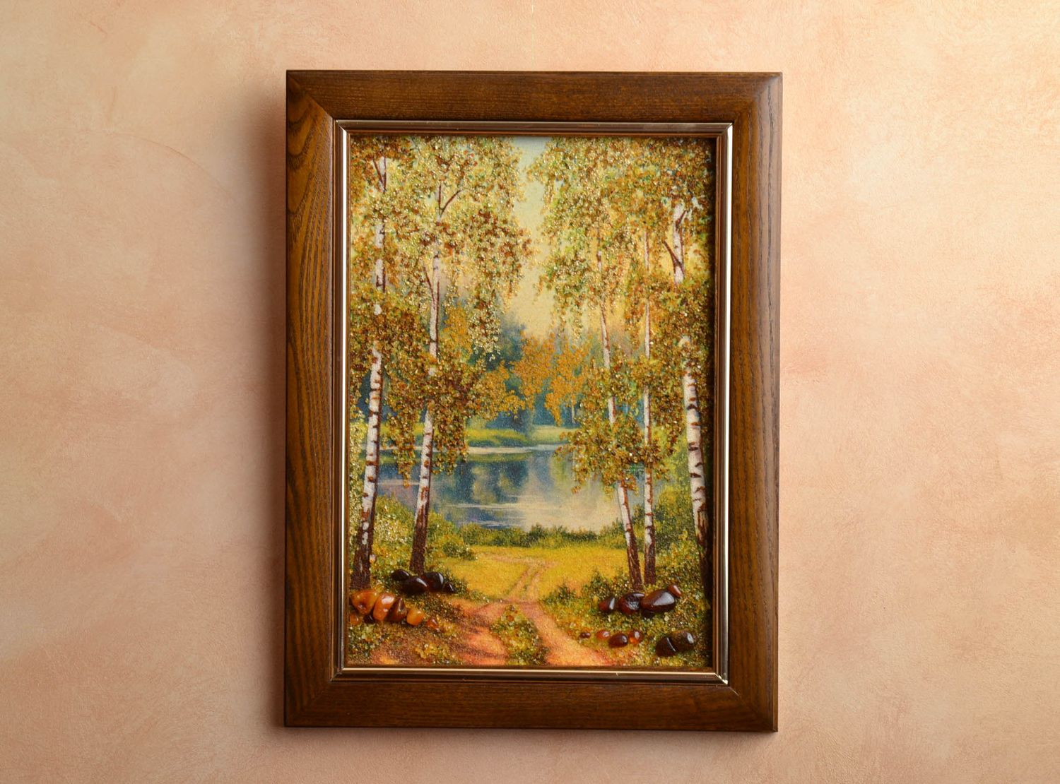 Tableau paysage en ambre mural Au lac fait main photo 1