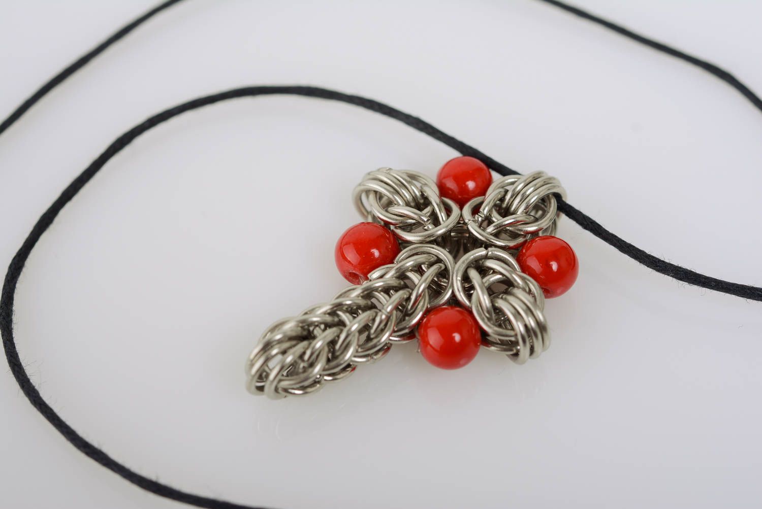 Handmade metal cross chain mail weaving on cord with red beads gift for girl photo 1