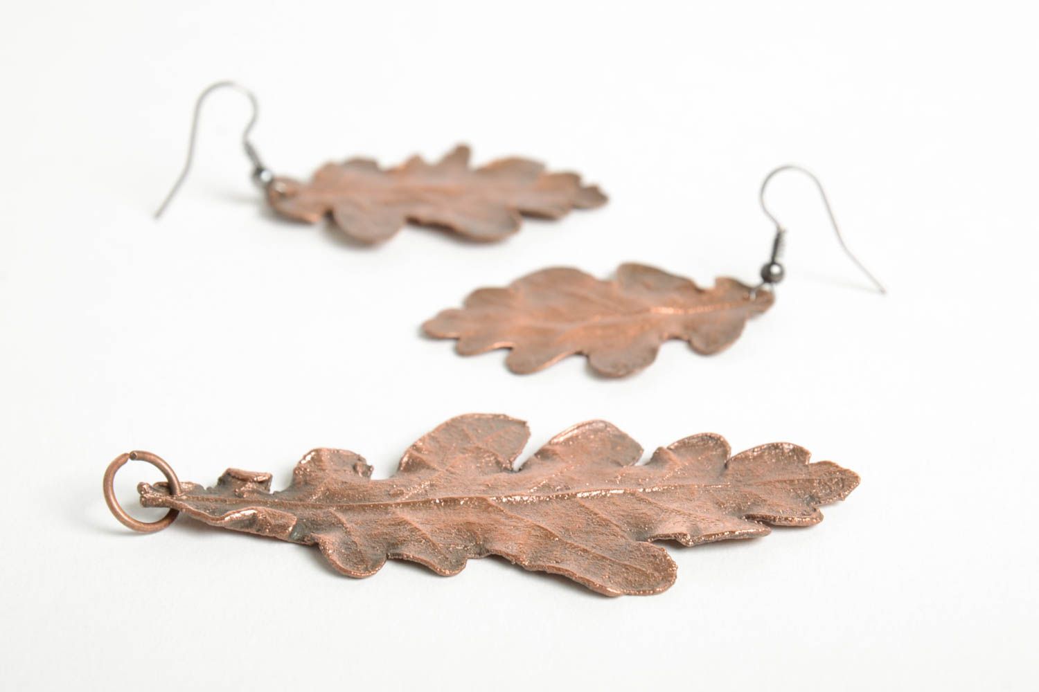 Handmade Schmuck Set aus Kupfer Eichenblätter Damen Ohrringe Ketten Anhänger  foto 5