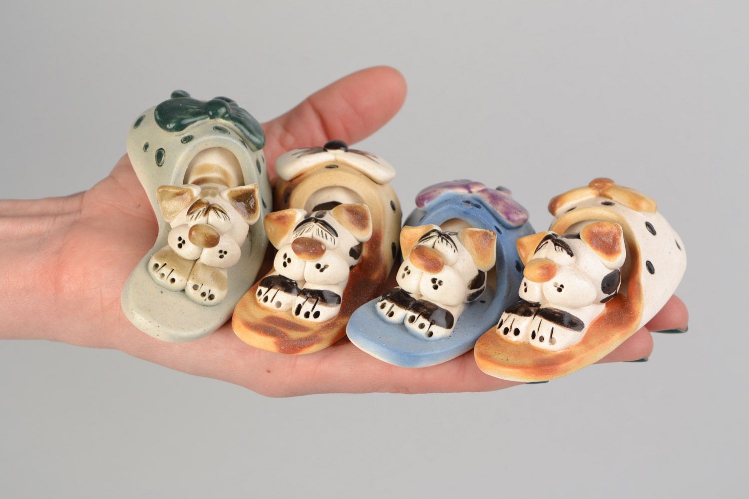 Set of 4 handmade designer miniature ceramic figurines of cats in slippers photo 2