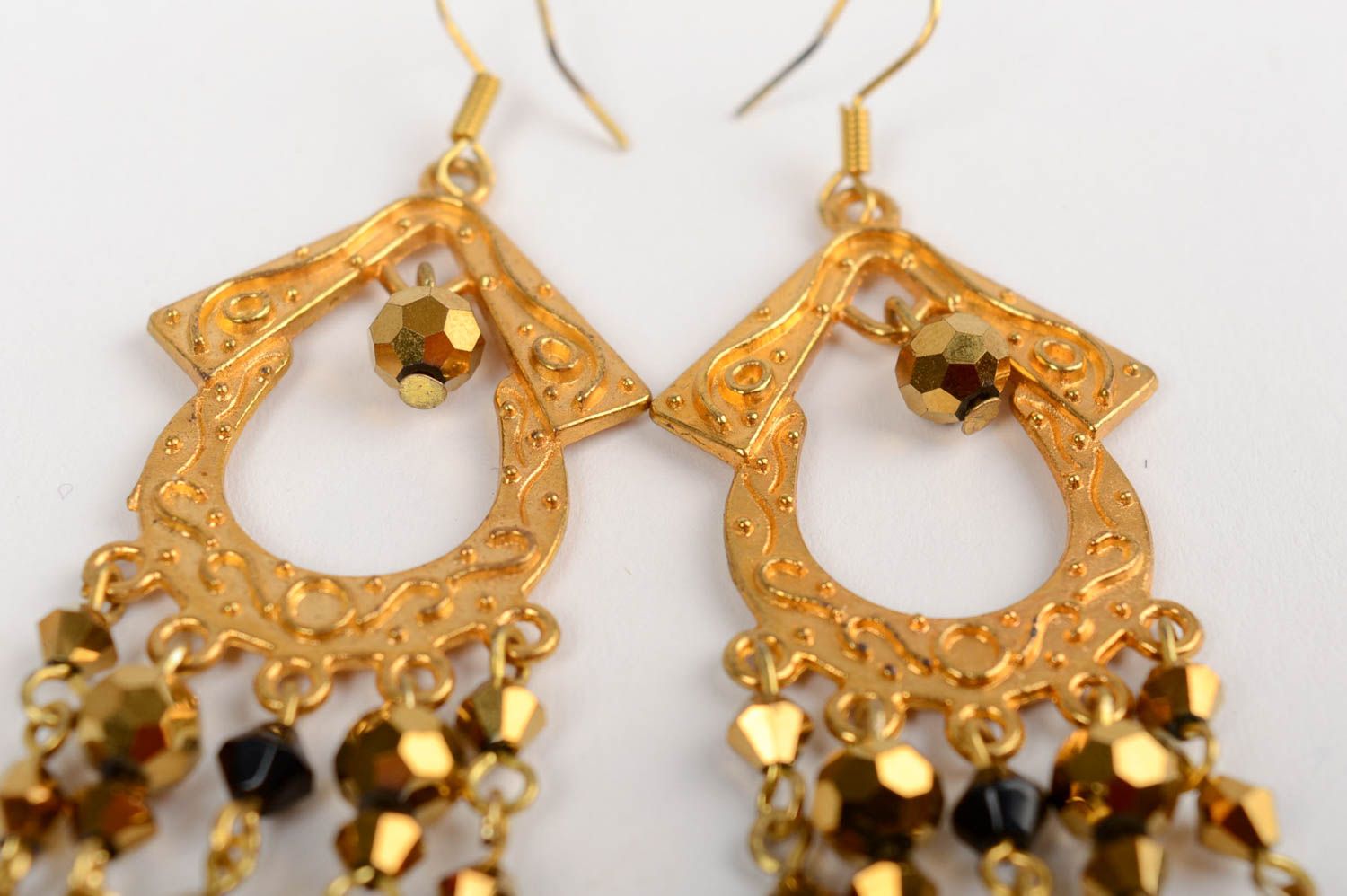 Handmade long festive dangle earrings with crystal beads in golden color palette photo 5
