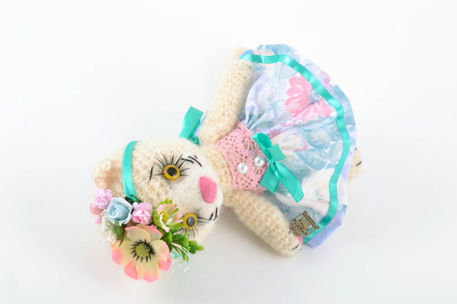 Handmade small soft crocheted beautiful toy Cat in a dress present for baby girl photo 4