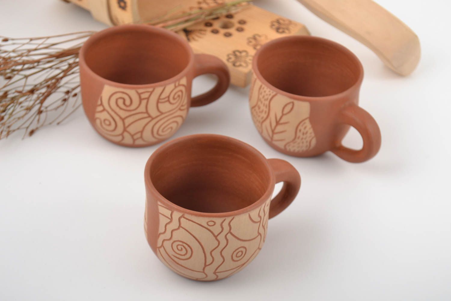 Set of clay cups painted with mineral engobes 3 pieces handmade pottery for home photo 1