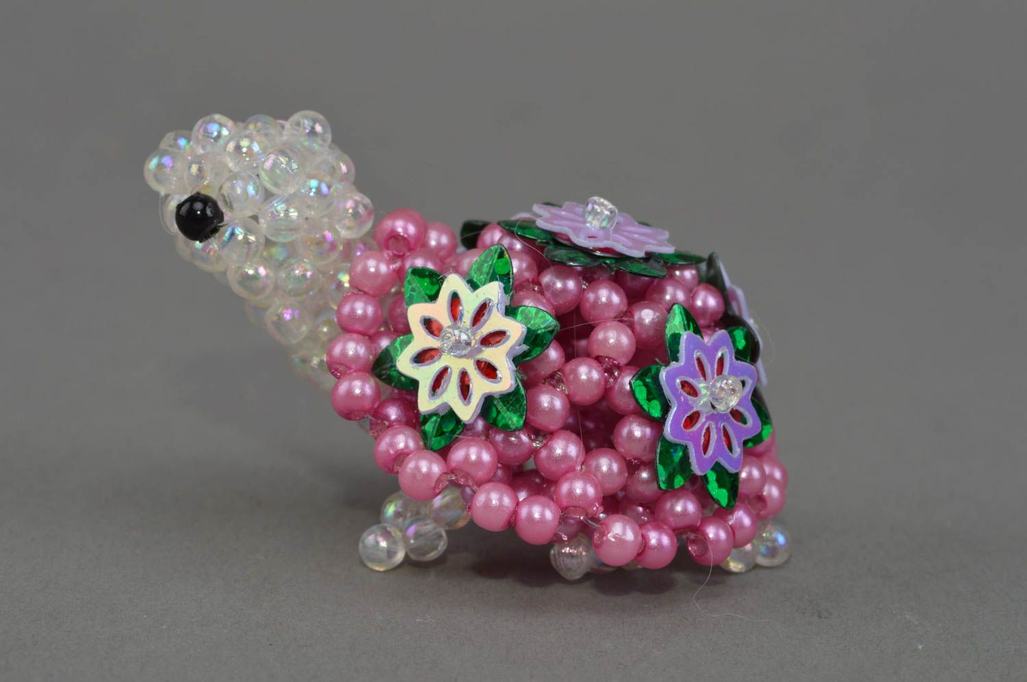 Tortue en perles de rocaille rose avec fleurs figurine décorative faite main photo 2
