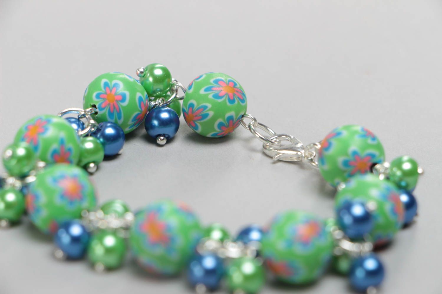 Green and blue handmade stylish children's polymer clay bracelet with charms photo 4
