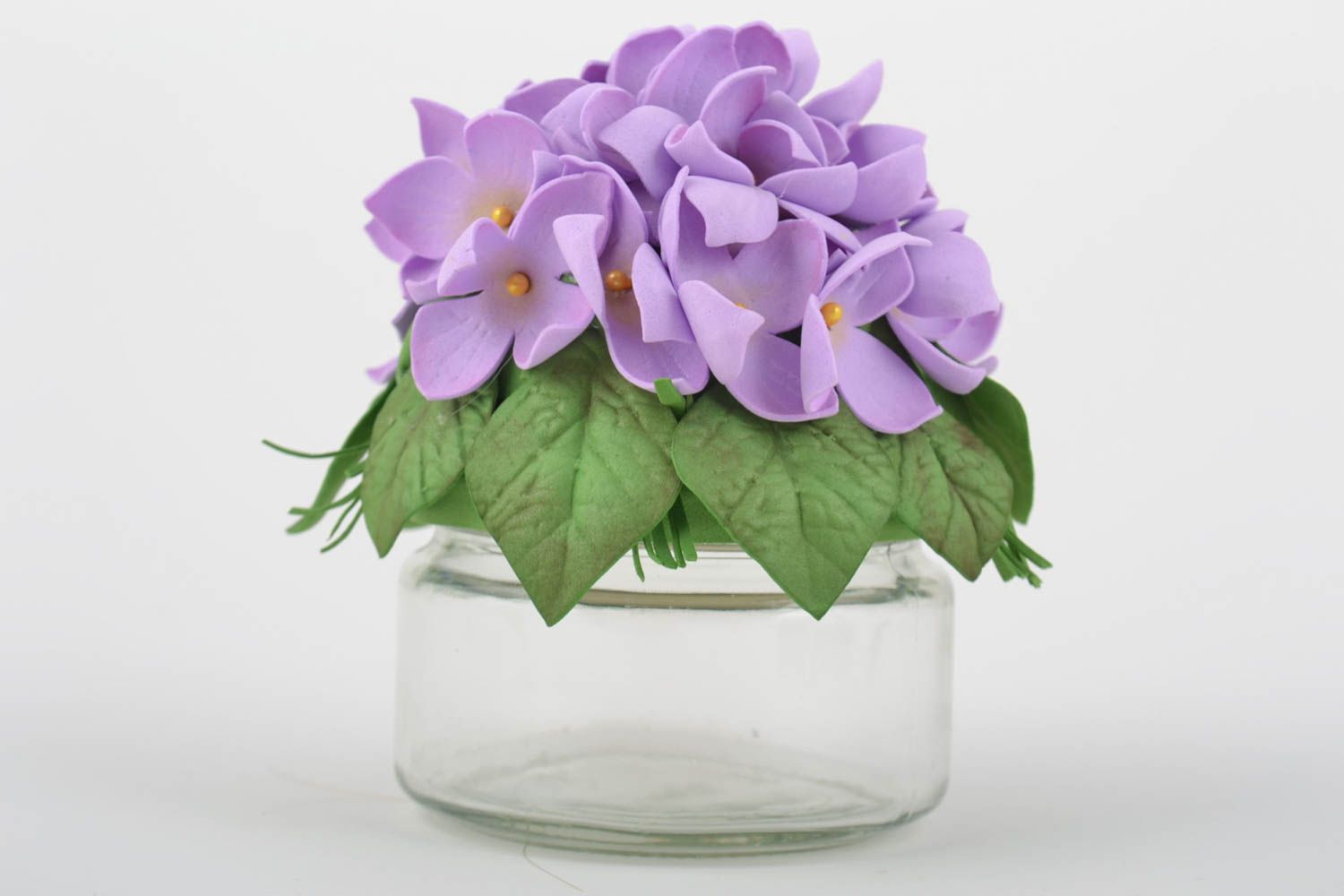 Bocal avec fleurs décoratives violettes artificielles en foamiran faites main photo 3