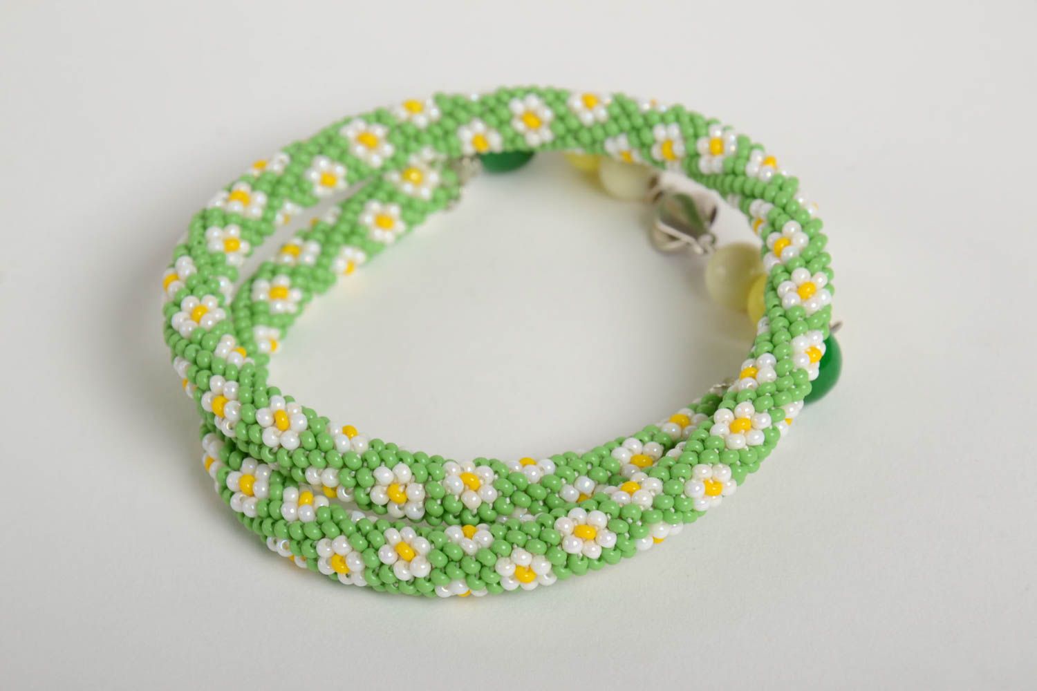 Light green cord beaded bracelet with chamomiles for women photo 4