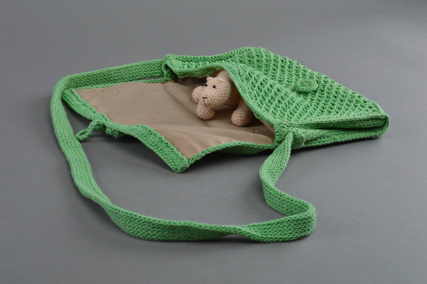Unusual beautiful handmade green crochet cotton shoulder bag  photo 3