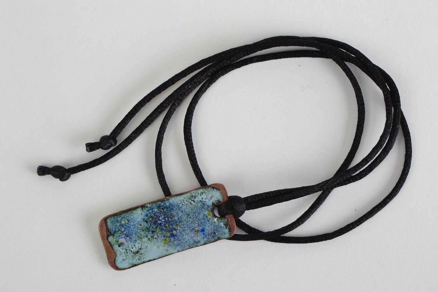 Handmade rectangular copper pendant necklace with colorful enamel painting  photo 4