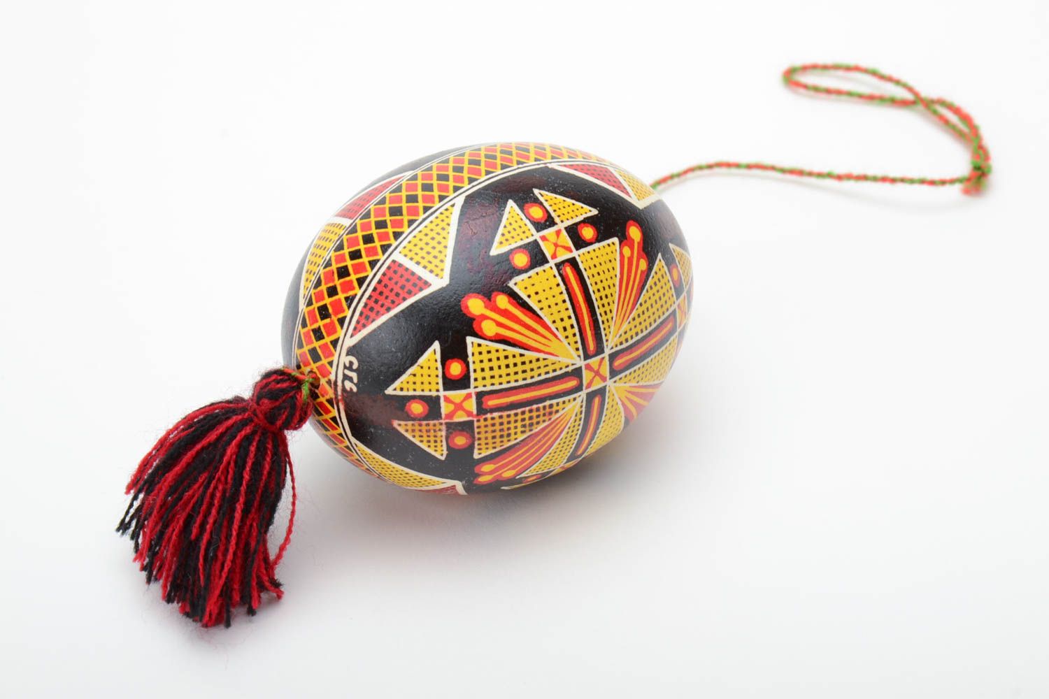 Handmade decorative wall hanging Easter egg painted in contrast colors with tassel photo 4