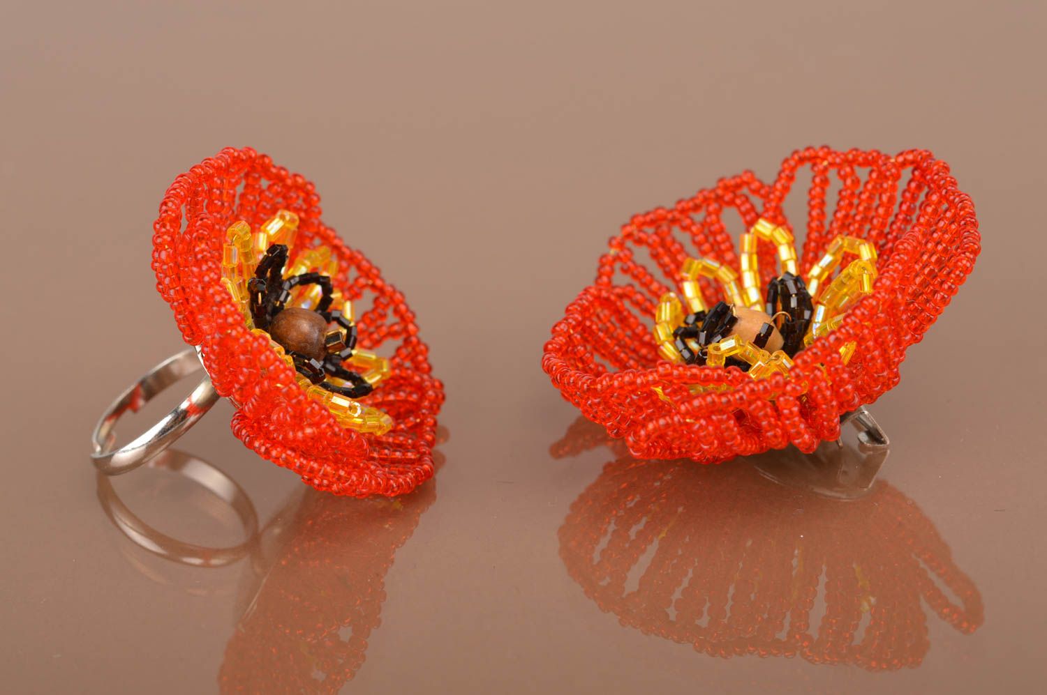 Набор украшений из бисера и бусин брошь и кольцо ручной работы оранжевые фото 3