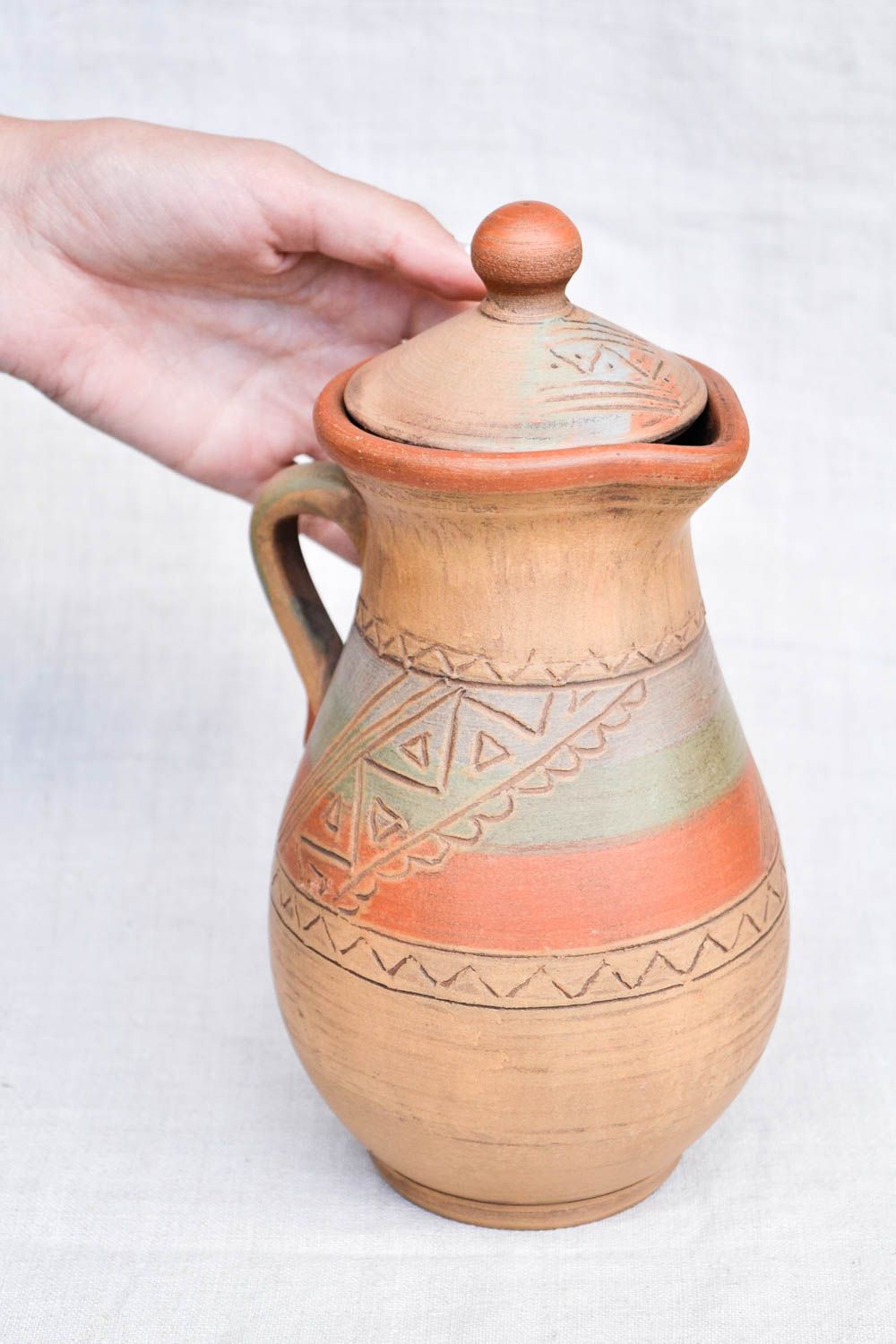 Handgemachte Keramik Ton Krug Keramik Kanne Wein Krug 2 L mit Deckel   foto 2