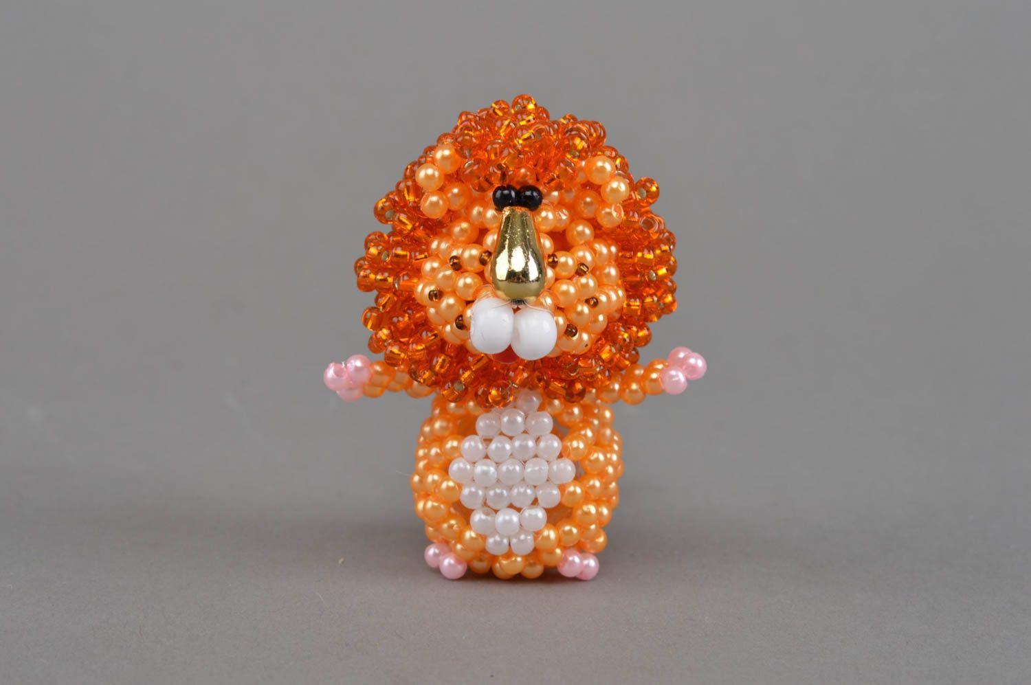 Beautiful handmade woven bead statuette of orange lion for interior decor photo 3