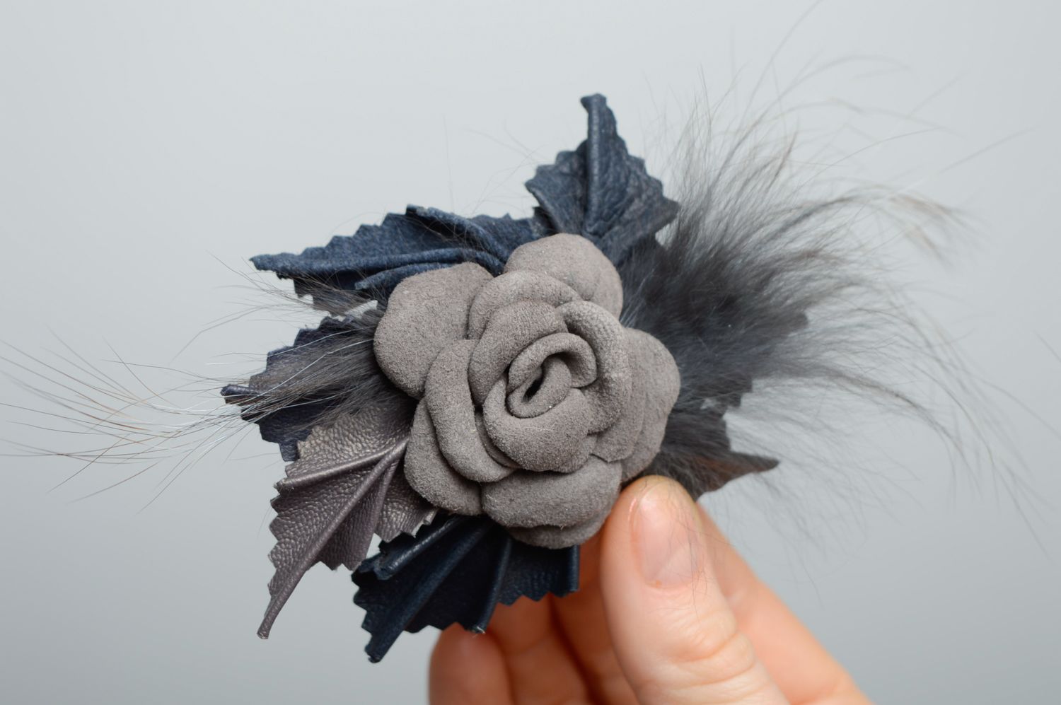 Gray fur and leather flower brooch-hair clip photo 2