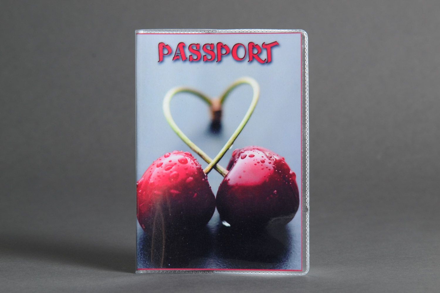 Handmade designer gray plastic passport cover with cherries created using printing technique photo 1